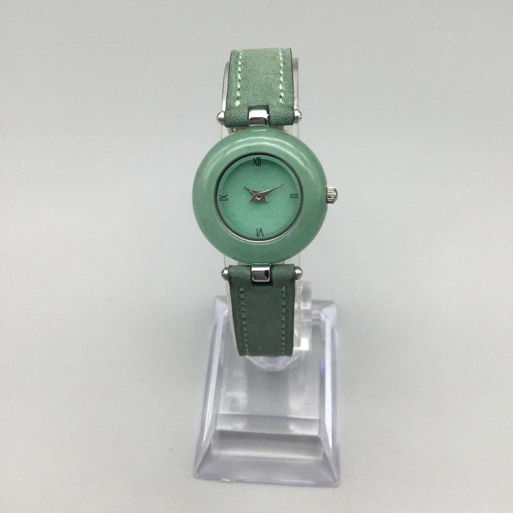 Womens Watch 24mm Green Dial Sterling 925 Case Green Leather Strap New Battery